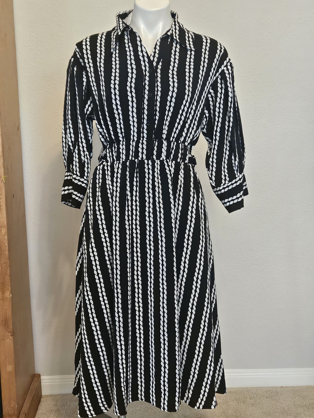 Gracia Black and White Striped Midi Shirt Dress